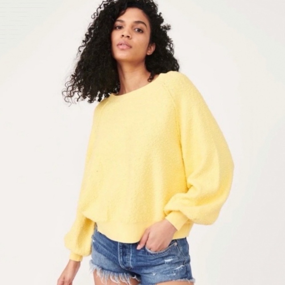 Free People Found My Friend Textured Knit Balloon Sleeve Sweater Yellow Small